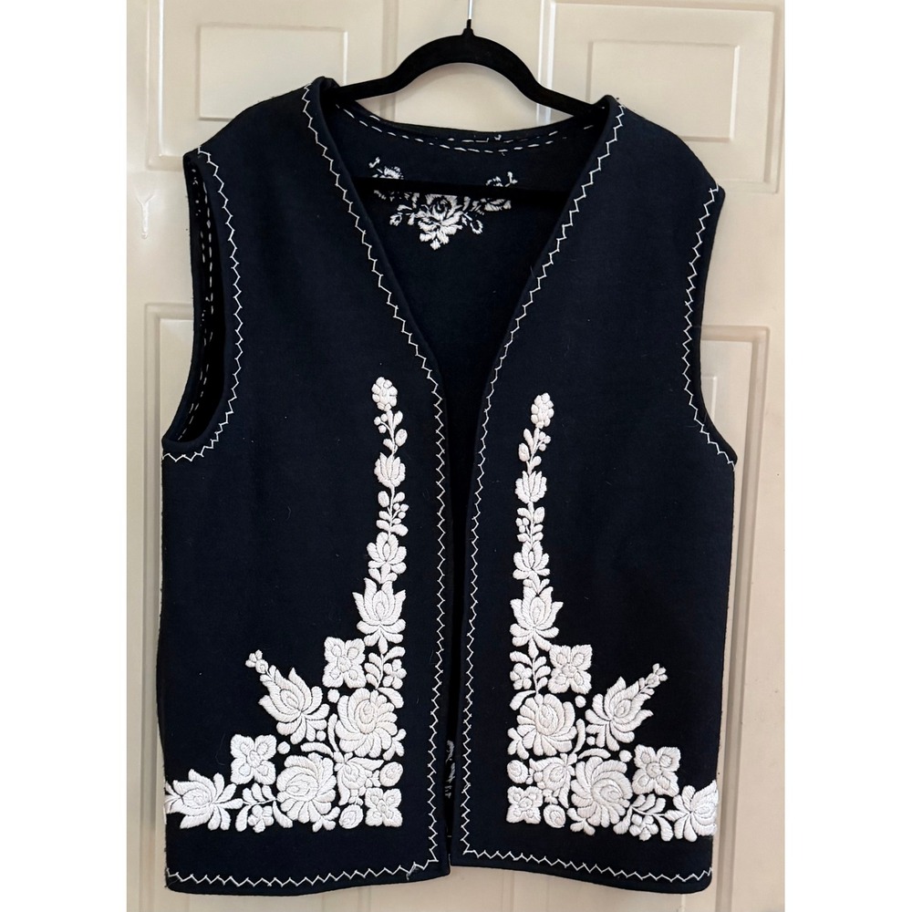 Vintage Handmade Black Wool Folk Vest Intricate White Floral Embroidery Boho
